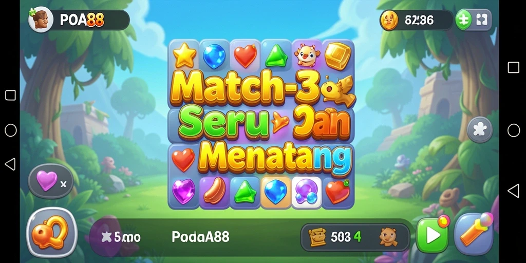 Tampilan karakter dan simbol menarik dalam gameplay Match-3.